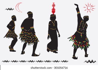African folk dance. Young men and women dancing against the background of the sun and the crescent