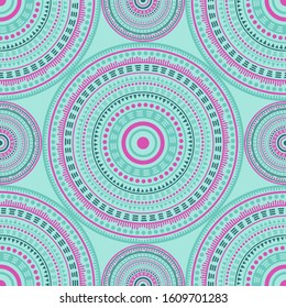 African folk motifs seamless pattern. Circle medallion mandala geometric tiles. Textile print template. Retro fashion pattern. Classic circular seamless ornament. Cute mandala design.