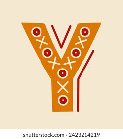 African font letter concept. Orange Y with colorful patterns and ornaments. Element of alphabet. Social networks cover. Cartoon flat vector illustration isolated on beige background