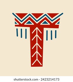 African font letter concept. Red T with colorful patterns and ornaments. Element of alphabet. Flyer, leaflet and booklet. Cartoon flat vector illustration isolated on beige background
