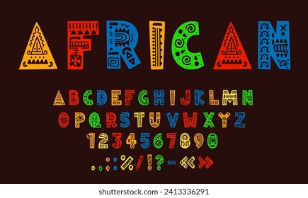 Fuente africana, tipo tribal, tipo étnico, alfabeto inglés nativo. Letra y dígitos de tipo de letra ornamentada africana, ABC en inglés, número vector del alfabeto, símbolos de puntuación con ornamentos tribales