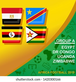 African football 2019 Group A. Egypt, DR Congo, Uganda, and Zimbabwe flag set.  Egypt pattern with modern and traditional elements, Vector illustration