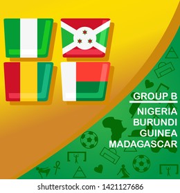 African football 2019 Group B. Nigeria, Burundi, Guinea, and Madagascar flag set. Egypt pattern with modern and traditional elements, Vector illustration.