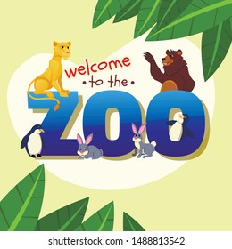 African and Forest Animals Welcome Kids to Zoo Sitting around Huge Word Zoo with Jungle Leaves, Lioness, Bear, Penguins and Funny Jumping Rabbits Wildlife. Cartoon Flat Vector Illustration, Banner