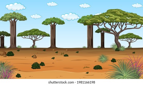 African forest landscape at daytime scene with many big trees illustration