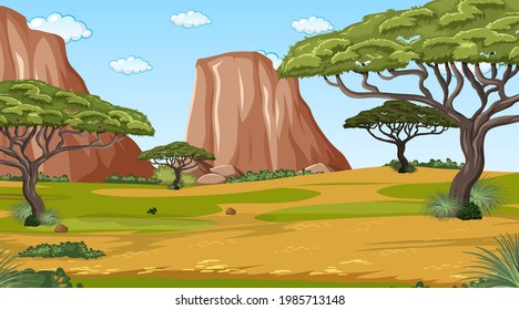 African forest landscape scene with many trees illustration