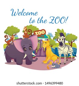 African and Forest Wild Animals Stand at Park Entrance Gate Welcome Visitors to Zoo. Elephant, Lioness, Zebra, Rabbits, Funny Monkeys Inviting Children and Adults. Flat Vector Illustration, Banner