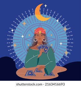 african fortune teller with cards and moon