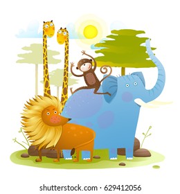 African friendly animals zoo with landscape cartoon for kids. Elephant lion monkey giraffe in Africa colorful animals group baby illustration. Vector cartoon.