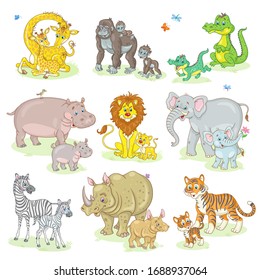 African funny animals - giraffe, gorilla, crocodile, hippo, lion, elephant,  zebra, rhino, tiger with their cute children. In cartoon style. Isolated on white background. Vector illustration