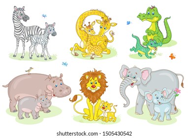 African funny animals - giraffe, zebra, crocodile, lion, elephant, hippo with their cute babies. Сhildren and parents. In cartoon style. Isolated on a white background. Vector illustration.