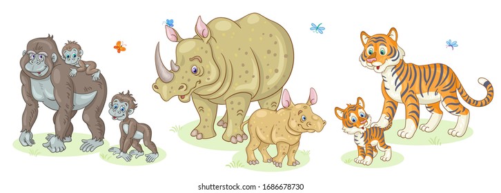 African funny animals - tiger, gorilla, rhino with their cute children. In cartoon style. Isolated on white background. Vector illustration.