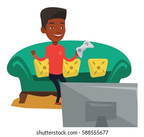 African gamer playing video game. Excited man with console in hands playing video game at home. Man celebrating victory in video game. Vector flat design illustration isolated on white background.