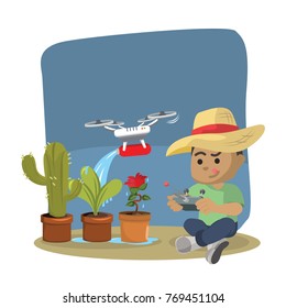African gardener using drone to watering plant