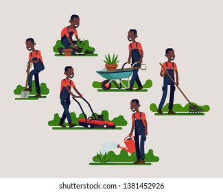 African gardening specialist working on different tasks using gardening equipment and tools. Horticulture related character vector illustration in trendy flat style