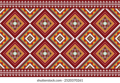 African Geometric Ethnic Pattern.
This design features geometric patterns in rich red, orange, green, and white, with intricate details and floral borders.
Design for textiles,fabric,clothing