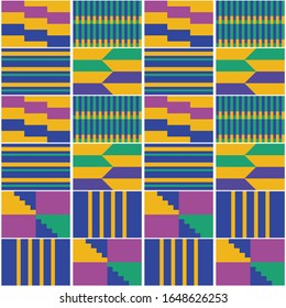 African geometric Kente cloth style vector seamless textile pattern, tribal nwentoma design in yellow, green, purple and navy blue. Abstract vibrant repetitive design, Kente mud cloth style