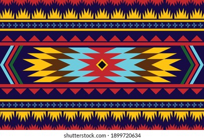 African geometric pattern, clear colors, blue, yellow, red tones, zigzag star shape.Vetor illustration style.