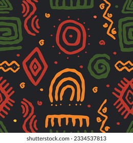 African geometric print. African pattern. Abstract african art style seamless pattern. Hand drawn tribal decoration background with boho doodle shapes and ethnic symbols.  svg