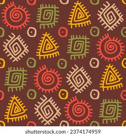 African geometric print. African pattern. Abstract african art style seamless pattern. Hand drawn tribal decoration background with boho doodle shapes and ethnic symbols. 