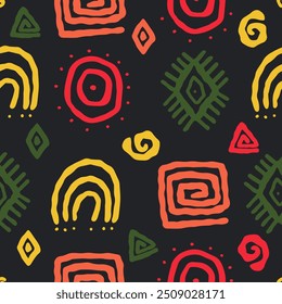 Estampado geométrico africano. Patrón africano. Abstractas estilo de arte africano sin patrón. Fondo de decoración tribal dibujado a mano con Formas boho doodle y símbolos étnicos.