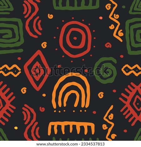 African geometric print. African pattern. Abstract african art style seamless pattern. Hand drawn tribal decoration background with boho doodle shapes and ethnic symbols. 