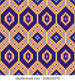 African geometric seamless pattern pixel art and rhomb bead shapes texture. Bright colors vector fabric background.