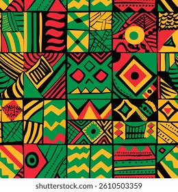 African geometric seamless pattern in red, yellow, green colors with checkered tiles of pieces of colored ceramics. Ornate for printing, wrapping and packaging. Vector isolated on black background