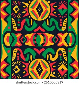 African geometric seamless pattern in red, yellow, green colors with checkered tiles of pieces of colored ceramics. Ornate for printing, wrapping and packaging. Vector isolated on black background