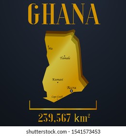 African Ghana golden 3d solid country outline silhouette, realistic piece of world map template, for infographic, vector illustration, isolated object, background. From countries set