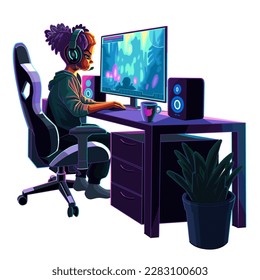 African gil gamer or streamer with a headset sits in front of a computer. Side view, cartoon anime style. Vector characters isolated on white background