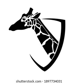 african giraffe head in simple heraldic shield - black and white vector design for african wildlife concept coat of arms