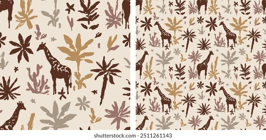 African Giraffe Pattern Boho Earthy Botanical Africa Seamless Vector Pattern Illustration