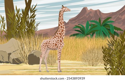 African giraffe stand in the dry grass in the savannah against the background of the mountains. Wild animals of Africa. Realistic vector landscape