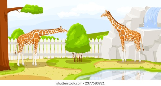 African giraffe standing near stone and fence with waterfall in zoo. Safari vacation. Natural wildlife. Cartoon design. Cute character. Picturesque landscape. Wild savanna. Vector illustration