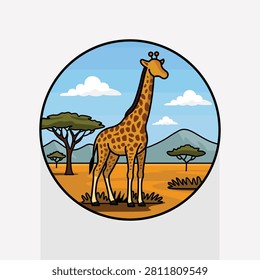 African Giraffe Standing Tall in Golden Savanna Grassland with Acacia Trees and Distant Mountains Under Blue Sky, Circular Badge Icon Illustration Depicting Iconic Wild Safari Animal in Natural Habitat, Great for Travel, Wildlife and Nature Tourism Design Projects