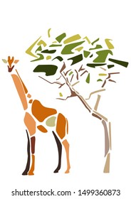 African giraffe. Wild savanna animal. Contemporary paper cut style. Hand drawn cartoon. Colorful abstract illustration. Child, baby of infant print.