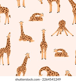 Girafas africanas en diseño de patrones sin fisuras, ilustración vectorial plana. Patrón interminable sin costuras con jirafas para el diseño textil y de decoración de verano.