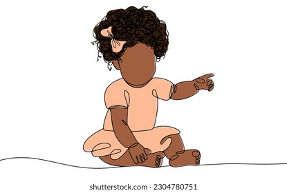 African girl. The baby is sitting on the floor. International Day of the African Child. One line drawing for different uses. Vector illustration.