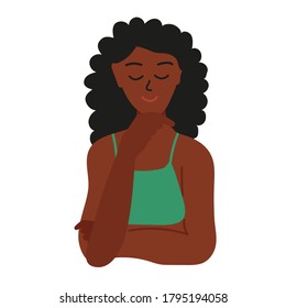 African girl with black skin smiles. Hand is on the chin. Black Long curly hair, green underwear. Cartoon vector illustration isolated on white.