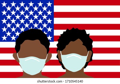 African girl and boy with the black hair wearing mask with USA flag background. Disease prevention. Personal hygiene. Health care concept. Illustration vector.