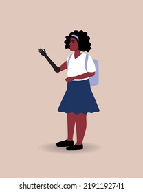 African girl or child with prosthetic arm isolated, flat vector stock illustration with schoolchild disabled with school bag