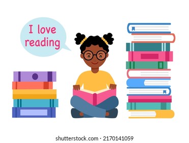 African girl child reading book with stack of books in flat design. I love reading concept. Knowledge is power.