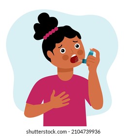 African Girl Child Using Asthma Inhaler Against Allergic Attack In Flat Design. Breathing Treatment.