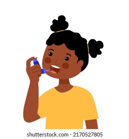 African Girl Child Using Asthma Inhaler Against Allergic Attack In Flat Design. Breathing Treatment.