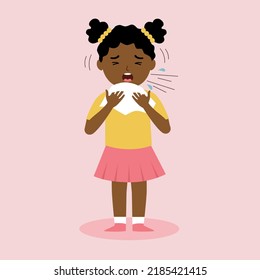 African girl children suffering from flu. Sick kids sneezing in handkerchief or tissue paper. Flu or cold allergy symptom cartoon. Influenza treatment. COVID-19 Coronavirus infection.