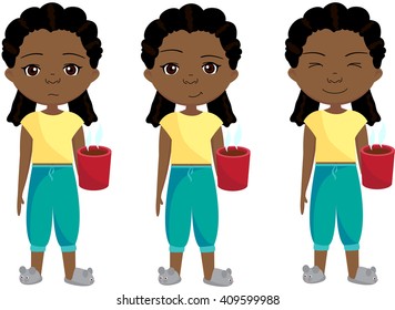 African girl with coffee, sleepy and cheerful. Cartoon illustration