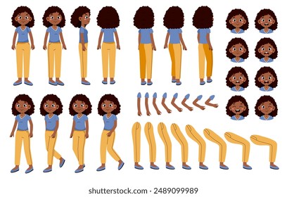 African girl constructor set. Adult in different poses and angle of views. Pack of legs, arms and heads to create animation. Cute girl in casual clothes standing. Flat vector collection