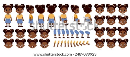 African girl constructor set. Kid in different poses and angle of views. Pack of legs, arms and heads to create animation. Cute schoolgirl sit at chair. Flat vector collection