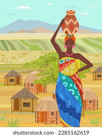 An African girl in costume, carrying water jugs on her head, stands in front of the village.